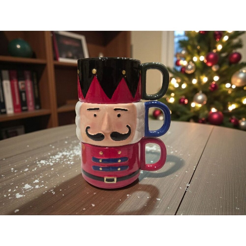 New BLK Solider Nutcracker Christmas 3 Stacking Coffee Tea Mug Cup W/ Handle
